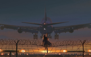 Woman fence airplane night city - giantess art free wallpaper