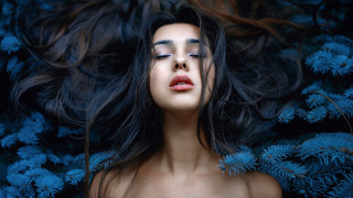 Woman long hair blue background 2 - free aesthetic wallpaper