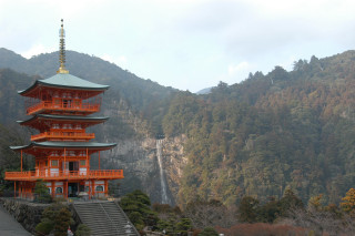 Tall pagoda steeple mountainside waterfall - eishōsai chōki free wallpaper