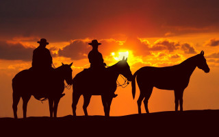 Sunset horses silhouettes western matte - three person free wallpaper