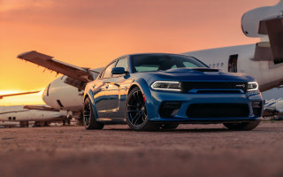 Blue dodge charger plane sunset - 8k artistic photography free wallpaper