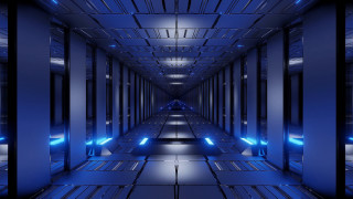 Hallway blue lights holography cgi - a long hallway free wallpaper