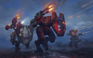 Robots warhammer mecha explosion sunset - a group of robots free wallpaper