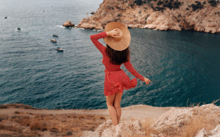 Woman red dress hat cliff - a red dress and hat free wallpaper