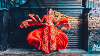 Woman red dress arabesque portrait - a garage door free wallpaper