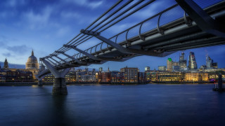 Bridge river city night blue - christopher wren free wallpaper