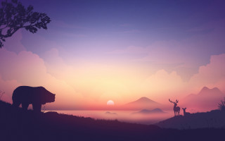 Silhouetted bear deer sunset mountains - atmospheric lighting free wallpaper