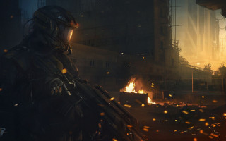 Futuristic man burning cityscape embers - a dark city free wallpaper