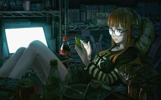 Woman beer phone sitting cyberpunk - a chair holding free wallpaper