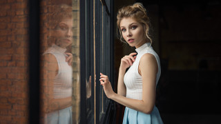 Woman white dress looking window - a white shirt and tie free wallpaper
