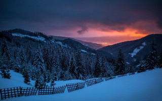 Snowy mountain fence trees sunset - ferenc joachim free wallpaper