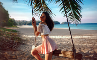 Woman pink skirt swing beach - a swing free wallpaper