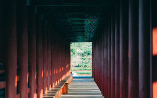 Red walkway benches valley symmetric - symmetric free wallpaper