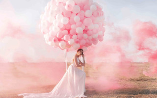 Woman balloons pink smoke flower - a white dress holding free wallpaper