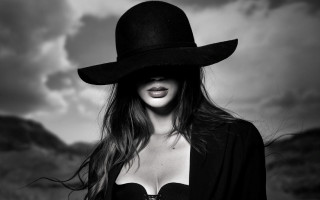Woman black hat dress mountain - black jacket free wallpaper