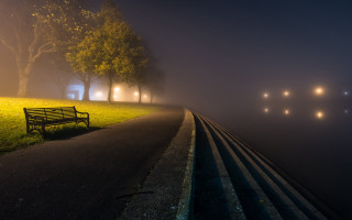 Foggy night bench park lights - a park bench free wallpaper
