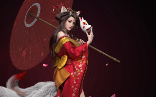 Woman red yellow dress umbrella - pink petal free wallpaper