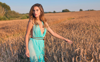 Woman blue dress wheat field - contemporary free wallpaper
