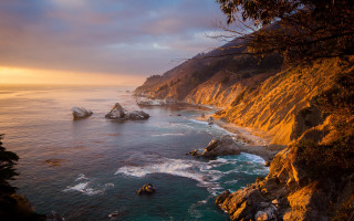 Rocky coastline sunset waves autumn - a few wave free wallpaper