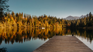 Lake dock boat autumn mountains - the water and trees free wallpaper