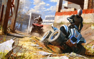 Man fourwheeler motorcycle city destruction - game art free wallpaper