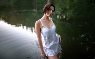 Woman white dress water trees - river free wallpaper for desktop