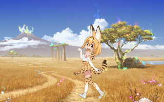 Cartoon girl walking dirt road - her shoulder and a cat free wallpaper
