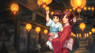 Woman child lanterns city night - a child free wallpaper