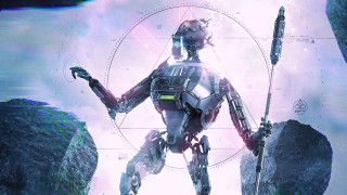 Robot skis mountain cyberpunk planet - a pair of skis free wallpaper