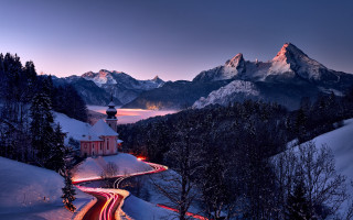 Mountain road night church stars - the mountain free wallpaper