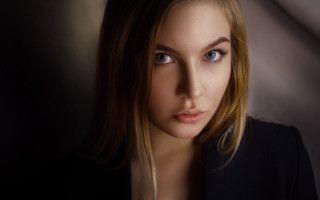 Woman blueeyes blackjacket portrait curtain - artur tarnowski free wallpaper