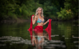 Woman bikini waterfall forest red - her waist free wallpaper