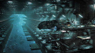 Futuristic city ship water night - cedric peyravernay free wallpaper