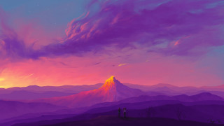 Mountain sunset purple sky cityscape - a couple standing free wallpaper