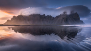 Mountain reflection sunset misty lake - mist free wallpaper