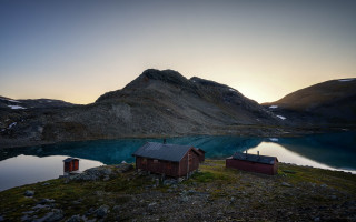 Mountain lake houses sunset ecological - artur grottger free wallpaper for desktop