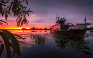 Boat sunset water leaves city - a boat in the foreground free wallpaper for desktop