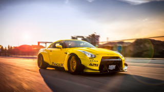 Yellow sports car sunset road 4 - golden free wallpaper