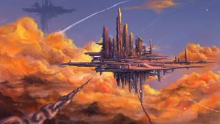 Sky city clouds plane afrofuturism - free sci-fi wallpaper