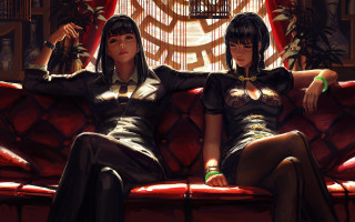 Red couch two women fantasy - chen hong free wallpaper