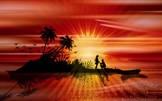 Sunset magicrealism boat palm sky - a red sky free wallpaper