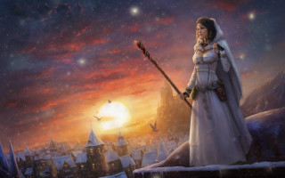 Woman white dress sunset city - a stick in front free wallpaper