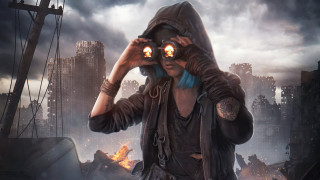 Woman binoculars cityscape burning building - burning free wallpaper