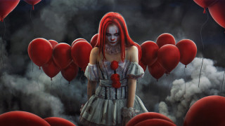 Red haired woman balloons gothic - dark fantasy art free wallpaper