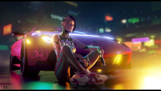 Woman sitting neon city cyberpunk - a car in a city free wallpaper