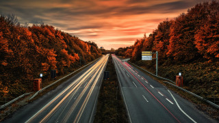 Highway red sky autumn trees - sunset time free wallpaper
