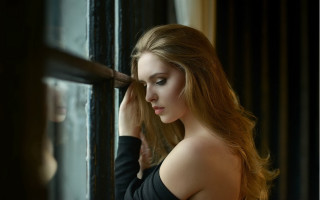 Woman longhair window blurry photorealistic - somber free wallpaper