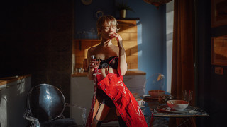 Woman red dress holding drink - a drink free wallpaper