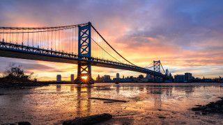 Sunset bridge water cityscape mountains - some water free wallpaper