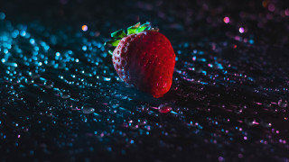 Strawberry greenleaf wetwater droplets blackbackground - a strawberry free wallpaper